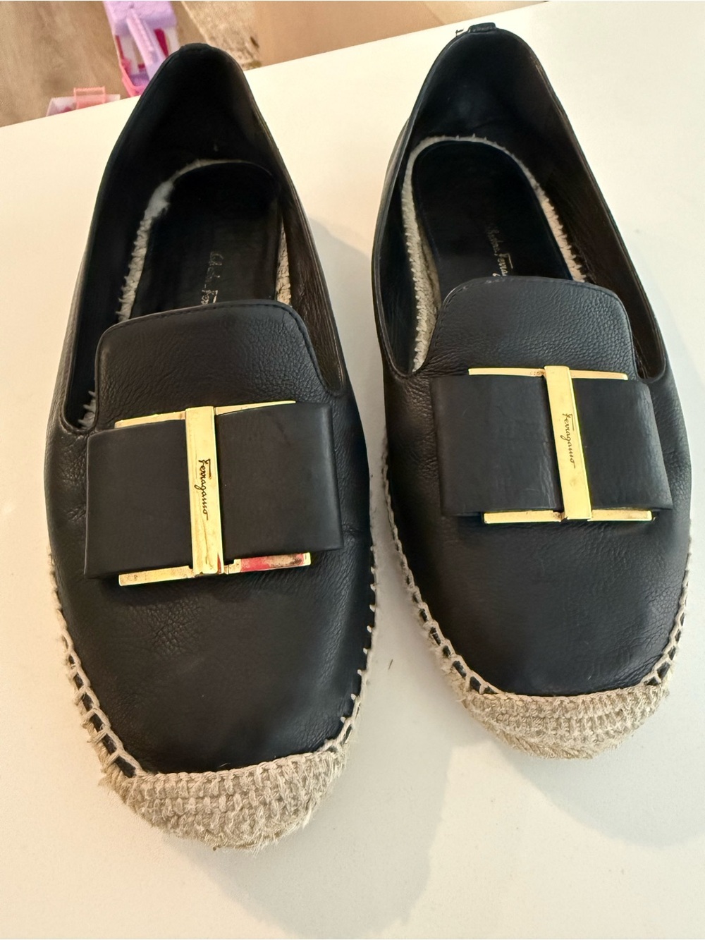 Salvatore Ferragamo Black Leather Espadrille Mules with Gold Hardware